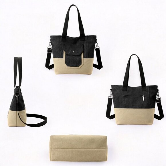 Canvas Tote Bag for Women Small Handbag with Zipper Shoulder - Black - Picture 4 of 9